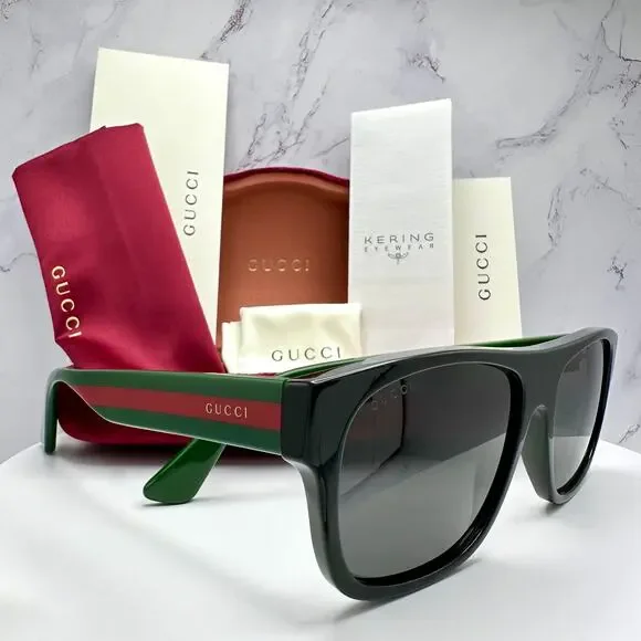 New Gucci Sunglasses Polarized Black Square Red Green Web Arms 56mm Gray Lens - Picture 14 of 15